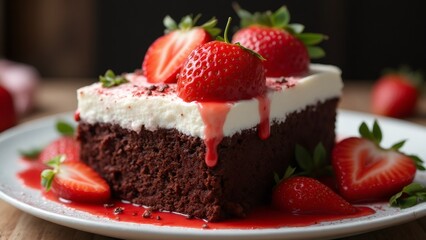 Chocolate Cake Slice with Cream and Fresh Strawberries on a Plate