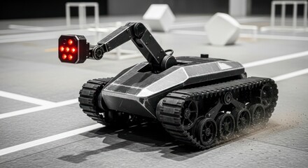 Black Robotic Vehicle with Red Light Navigating Gray Course
