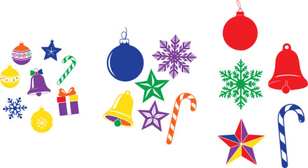 Festive Holiday Ornaments Bells Stars Candy Canes Snowflakes