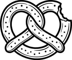 Monochrome illustration of a pretzel snack with a bite taken out of it. The design features a twisted bread shape with dotted patterns, set against a white background.