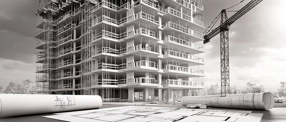 Ultra-realistic 3D rendering of a modern building construction site