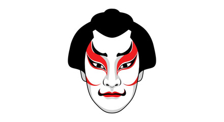 Striking Kabuki Face Illustration with Bold Red and Black Makeup for Cultural Performances and Traditional Japanese Art Projects