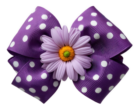 Purple polka dot hair bow with daisy flower center, decorative accessory, cheerful and playful style, suitable for girls or women, isolated on transparency background