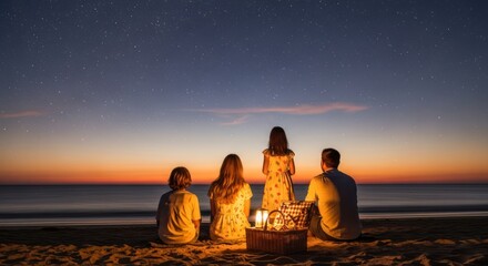 Family Watching Starry Sunset at Beach Picnic Together
