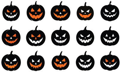 Group of Black Silhouette Jack-o'-lanterns with Carved Orange Faces and Spooky Expressions Keywords: jackolantern, pumpkin, halloween, spooky, scary, face, carved, orange