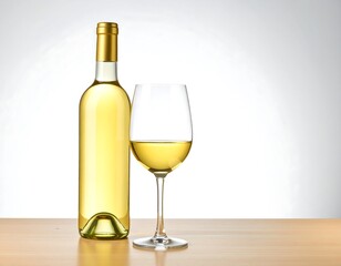 White wine bottle and glass on a light wooden surface