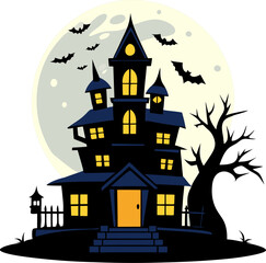 Haunted house under full moon , white background