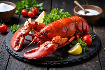 Red lobster on black plate with parsley, lemon, tomatoes, salt, and pepper.