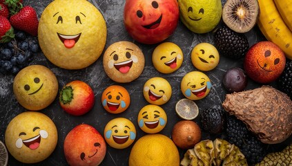 A colorful array of fruits and pastries decorated with various happy and sad emoji faces.