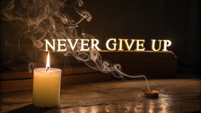 Inspirational message with candle and smoke art depicting the phrase "Never Give Up" in a warm and soothing atmosphere