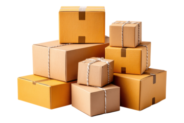 Warehouse cardboard boxes urban delivery setup and shipping perspective, isolated on transparent background