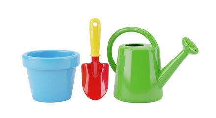 Gardening tools, pot, shovel, and watering can