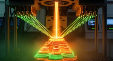 Glowing 3d Printing Process with Green and Orange Light Beams