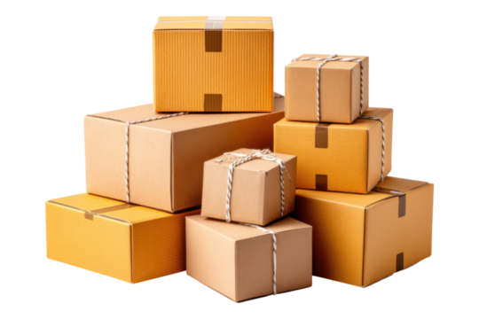 Warehouse cardboard boxes urban delivery setup and shipping perspective, isolated on transparent background