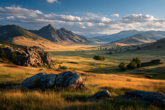 Beautiful landscape with valley and mountains on summer day. Valley of extinct volcanoes in Tunka park near Arshan village in Buryatia. Amazing nature, Eastern Sayan mountains, Siberia, Russia