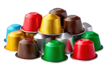 Indoor coffee culture stacked colorful pods in metallic wraps, isolated on transparent background