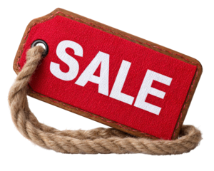 Red sale tag with bold white text, isolated on transparency background, featuring brown rope and stitched border, perfect for retail promotion and discount advertising