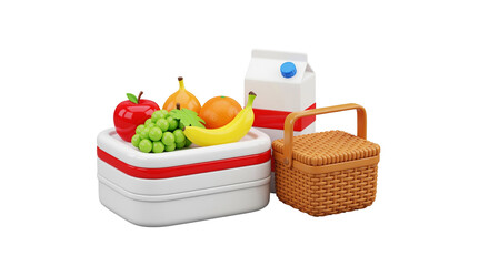 Lunchbox, milk carton, and wicker basket with fruits