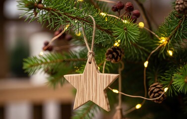 Christmas tree branch decorated with glittering baubles, sparkling lights, and cozy pine needles, magical joyful moment on Christmas Day