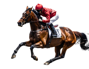 Horse and rider on white background racing outdoors