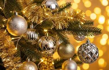 A macro shot of an elegant Christmas tree branch adorned with silver and gold baubles, sparkling crystal ornaments, shimmering tinsel, and warm glowing fairy lights celebrating the luxury of Christmas