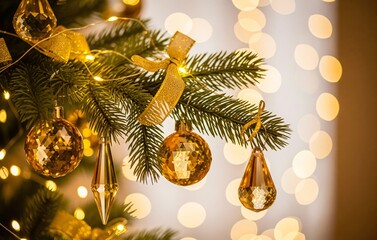 A close-up view of a luxurious Christmas tree branch with golden crystal ornaments, delicate ribbons, and glowing fairy lights under a soft blurred warm festive bokeh background