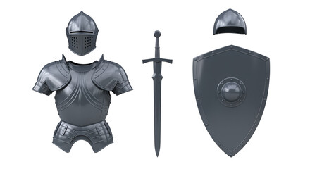 Medieval armor, shield, and sword displayed