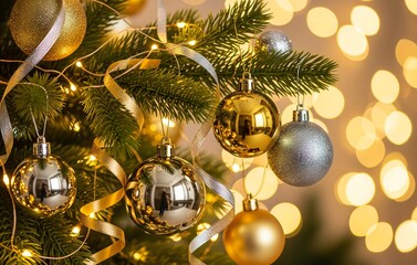 A close-up of a Christmas tree branch decorated with gold and silver ornaments, sparkling baubles, elegant ribbons, and glowing fairy lights in a soft cinematic bokeh background