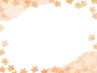 モミジの紅葉イメージの背景素材。水彩風テクスチャー。やさしい色調の葉っぱのシルエットのフレーム。山と葉っぱのシルエットのコンビネーション。和風のあしらい。