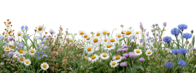 Row of wildflowers and grass with insects featuring daisies cornflowers and clover vibrant colors natural outdoor setting summer meadow cheerful and lively atmosphere