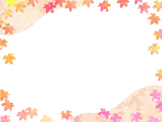 モミジの紅葉イメージの背景素材。水彩風テクスチャー。かわいい色調の葉っぱのシルエットのフレーム。山と葉っぱのシルエットのコンビネーション。和風のあしらい。