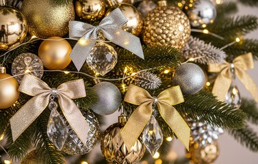 A luxurious Christmas branch with gold and silver baubles, crystal ornaments, shimmering ribbons, and soft glowing fairy lights capturing the elegance of Christmas