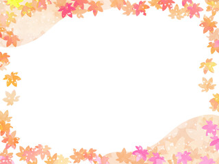 モミジの紅葉イメージの背景素材。水彩風テクスチャー。やさしい色調とかわいい色調の葉っぱのシルエットのフレーム。山と葉っぱのシルエットのコンビネーション。和風のあしらい。