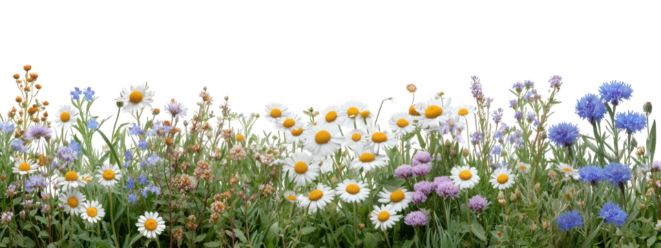 Row of wildflowers and grass with insects featuring daisies cornflowers and clover vibrant colors natural outdoor setting summer meadow cheerful and lively atmosphere