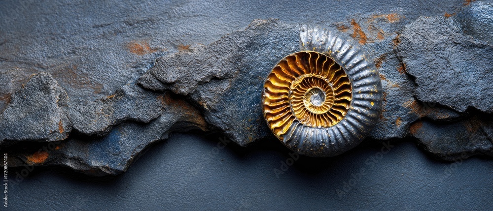 Poster geology fossil strata concept. fossilized ammonite embedded in textured stone background.