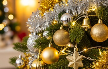 A close-up of a Christmas tree branch with golden crystal baubles, luxurious ribbons, sparkling fairy lights, and pine needles in sharp focus, creating a warm festive atmosphere