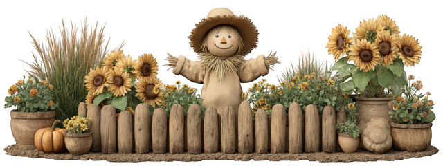 Cheerful scarecrow with straw hat stands behind rustic wooden fence, surrounded by sunflowers, pumpkins, and potted autumn flowers, creating warm, welcoming harvest scene