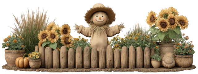 Cheerful scarecrow with straw hat stands behind rustic wooden fence, surrounded by sunflowers, pumpkins, and potted autumn flowers, creating warm, welcoming harvest scene