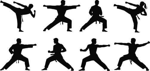 Karate silhouette illustration, martial arts pose, male and female fighter, kicking stance, self defense movement, vector training, isolated clipart.
