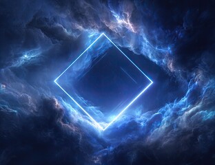 Glowing blue square neon frame within swirling dark blue clouds, creating a dramatic, ethereal, and otherworldly scene