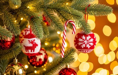 A cozy close-up of a Christmas tree branch adorned with red and gold baubles, knitted ornaments, and candy canes with warm glowing fairy lights creating a traditional festive holiday atmosphere