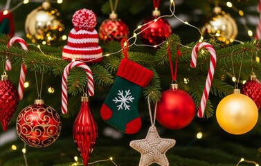 A close-up of a Christmas tree branch decorated with glowing red and gold ornaments, cozy knitted decorations, and candy canes with warm festive lights creating a comforting holiday atmosphere