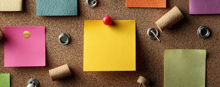 Colorful sticky notes pinned on a corkboard for organization and reminders