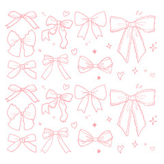 かわいいピンク色リボンのあしらい　線画イラストセット素材  透過と白塗り｜リボン,リボンセット,飾り,装飾