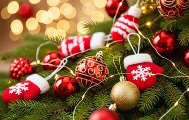A macro of a Christmas branch adorned with warm red and gold baubles, candy canes, and knitted ornaments with twinkling cozy lights under a soft blurred background
