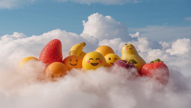 A vibrant collection of fruits with cheerful emoji faces resting atop fluffy white clouds against a vivid blue sky.