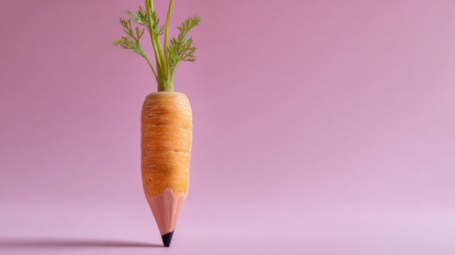 A whimsical image combining a carrot and a pencil, with the carrot resembling a pencil body and carrot greens sprouting from the top, set against a pink background.