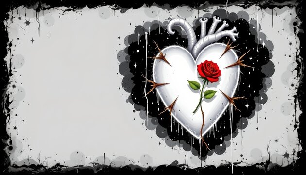White Heart with Thorns and Rose Black Background