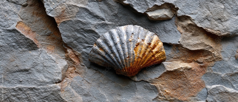 Poster geology fossil strata concept. fossilized shell embedded in textured rock surface.