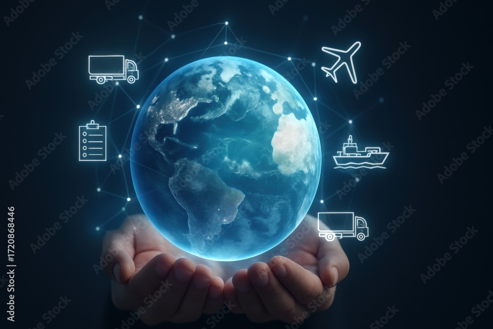 Poster global inventory system. a person holds a glowing globe surrounded by icons representing transportat